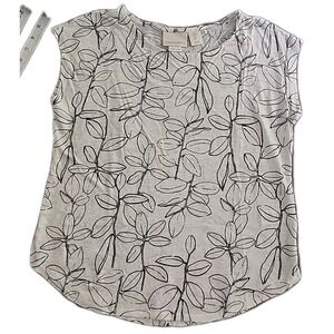 CYNTHIA ROWLEY Black Botanical Print Button Linen Slub Knit Top Womans Small‎